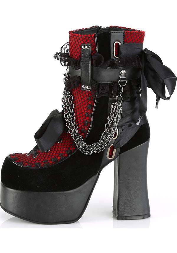 CHARADE-110 [Black Velvet/Red] | BOOTS [PREORDER] - Beserk - all, ankle boots, black, boot, boots, boots [preorder], clickfrenzy15-2023, demonia, demonia shoes, discountapp, fp, goth, gothic, halloween, jan19, labelpreorder, labelvegan, lace, lolita, platforms, platforms [preorder], pleaserimageupdated, ppo, preorder, pricematched, red, shoes, vegan, velvet, velvet shoe