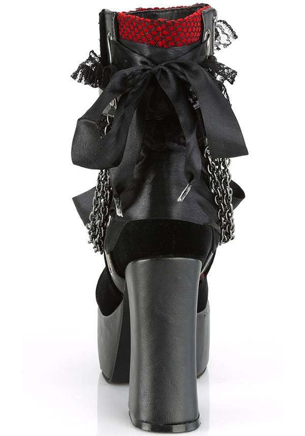 CHARADE-110 [Black Velvet/Red] | BOOTS [PREORDER] - Beserk - all, ankle boots, black, boot, boots, boots [preorder], clickfrenzy15-2023, demonia, demonia shoes, discountapp, fp, goth, gothic, halloween, jan19, labelpreorder, labelvegan, lace, lolita, platforms, platforms [preorder], pleaserimageupdated, ppo, preorder, pricematched, red, shoes, vegan, velvet, velvet shoe