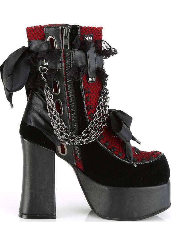 CHARADE-110 [Black Velvet/Red] | BOOTS [PREORDER] - Beserk - all, ankle boots, black, boot, boots, boots [preorder], clickfrenzy15-2023, demonia, demonia shoes, discountapp, fp, goth, gothic, halloween, jan19, labelpreorder, labelvegan, lace, lolita, platforms, platforms [preorder], pleaserimageupdated, ppo, preorder, pricematched, red, shoes, vegan, velvet, velvet shoe