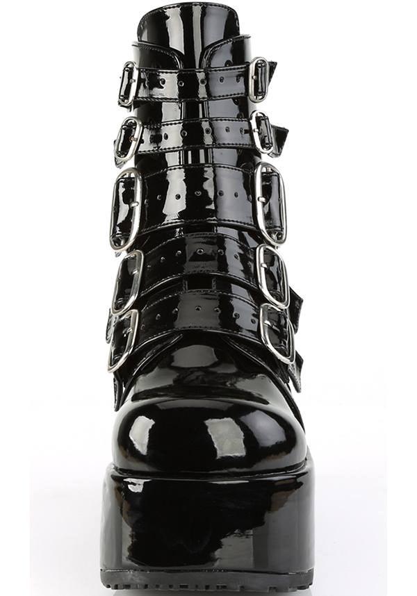 CONCORD-57 [Patent Black] | PLATFORM BOOTS [PREORDER] - Beserk - all, ankle boots, apr18, black, boots, boots [preorder], buckle, buckle up, buckles, clickfrenzy15-2023, demonia, demonia shoes, discountapp, fp, goth, gothic, labelpreorder, labelvegan, may18, patent, platform, platform boots, platforms, platforms [preorder], pleaserimageupdated, ppo, preorder, punk, shiny, shoes, vegan