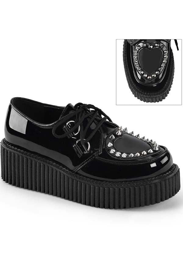 CREEPER-108 [Black] | PLATFORM CREEPERS [PREORDER] - Beserk - 100-150, all, all ladies, black, clickfrenzy15-2023, creeper, creepers, discountapp, flats [preorder], fp, goth, gothic, heart, in stock, labelpreorder, labelvegan, ladies, patent, platforms, platforms [preorder], ppo, preorder, shiny, shoes, stud, studded, studs, vegan