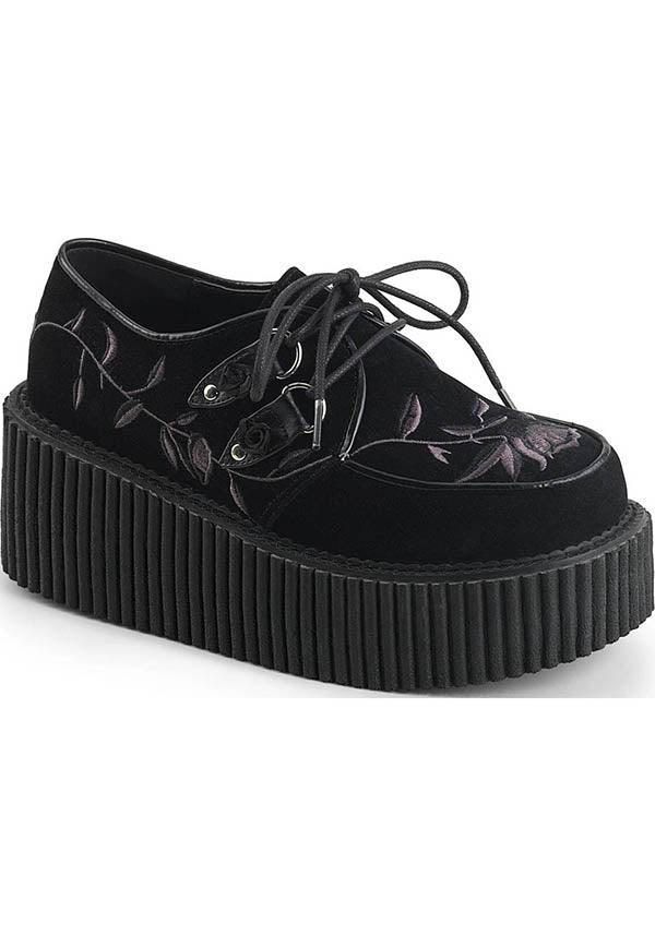 CREEPER-219 [Black Velvet] | CREEPERS [PREORDER] - Beserk - all, all ladies, black, clickfrenzy15-2023, creeper, creepers, dec17, demonia, demonia shoes, discountapp, flats, flats [preorder], floral, fp, goth, gothic, labelpreorder, labelvegan, ladies, platforms, platforms [preorder], ppo, preorder, rose, roses, shoes, vegan