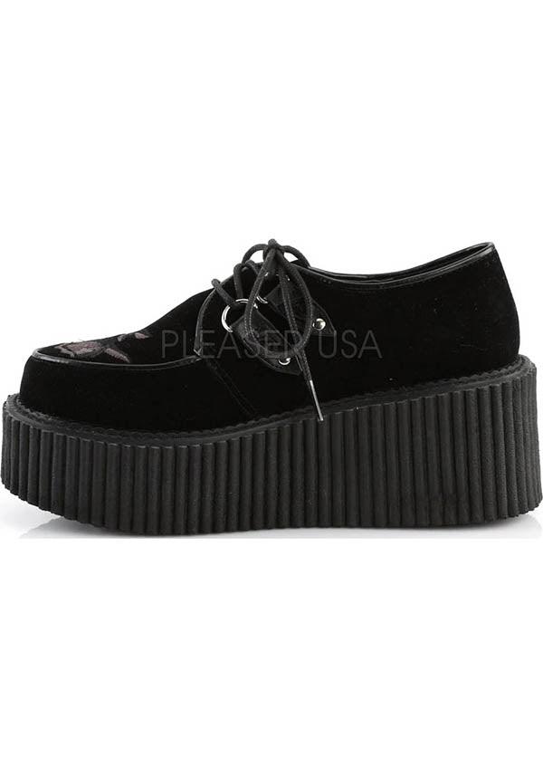 CREEPER-219 [Black Velvet] | CREEPERS [PREORDER] - Beserk - all, all ladies, black, clickfrenzy15-2023, creeper, creepers, dec17, demonia, demonia shoes, discountapp, flats, flats [preorder], floral, fp, goth, gothic, labelpreorder, labelvegan, ladies, platforms, platforms [preorder], ppo, preorder, rose, roses, shoes, vegan