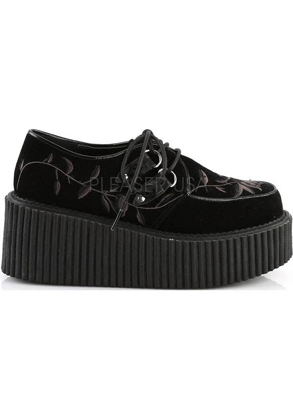CREEPER-219 [Black Velvet] | CREEPERS [PREORDER] - Beserk - all, all ladies, black, clickfrenzy15-2023, creeper, creepers, dec17, demonia, demonia shoes, discountapp, flats, flats [preorder], floral, fp, goth, gothic, labelpreorder, labelvegan, ladies, platforms, platforms [preorder], ppo, preorder, rose, roses, shoes, vegan