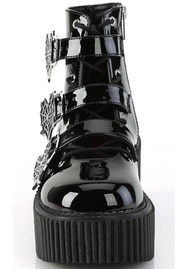 CREEPER-260 [Black Patent] | BOOTS [PREORDER] - Beserk - all, ankle boots, black, boots, boots [preorder], clickfrenzy15-2023, demonia, demonia shoes, discountapp, fp, googleshopping, labelpreorder, labelvegan, platform, platform boots, platforms, platforms [preorder], ppo, preorder, shoes, spider web, spiderweb, vegan, web, webs