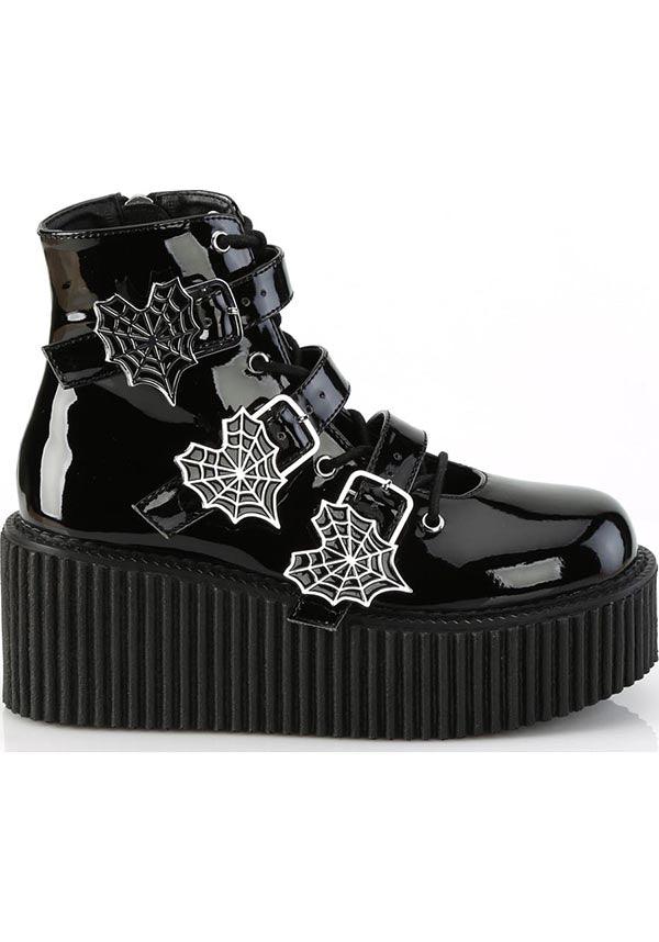 CREEPER-260 [Black Patent] | BOOTS [PREORDER] - Beserk - all, ankle boots, black, boots, boots [preorder], clickfrenzy15-2023, demonia, demonia shoes, discountapp, fp, googleshopping, labelpreorder, labelvegan, platform, platform boots, platforms, platforms [preorder], ppo, preorder, shoes, spider web, spiderweb, vegan, web, webs