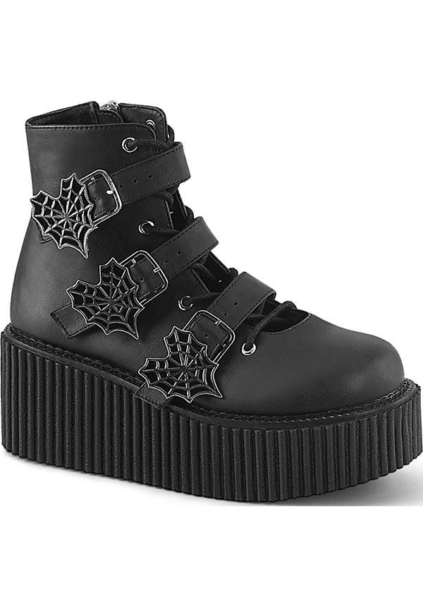CREEPER-260 [Black Vegan Leather] | BOOTS [PREORDER] - Beserk - all, ankle boots, black, boots, boots [preorder], clickfrenzy15-2023, demonia, demonia shoes, discountapp, fp, googleshopping, labelpreorder, labelvegan, platform, platform boots, platforms, platforms [preorder], ppo, preorder, shoes, spider web, spiderweb, vegan, web, webs