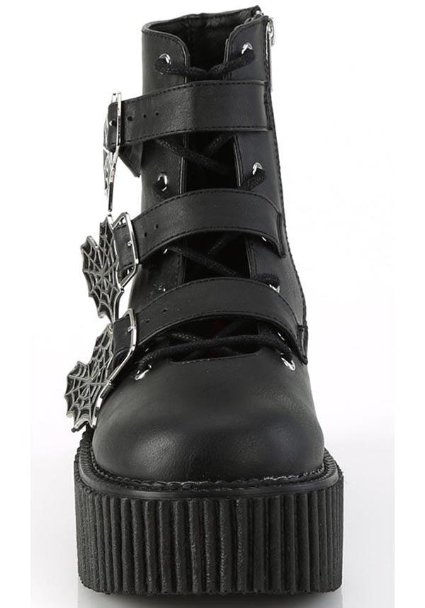 CREEPER-260 [Black Vegan Leather] | BOOTS [PREORDER] - Beserk - all, ankle boots, black, boots, boots [preorder], clickfrenzy15-2023, demonia, demonia shoes, discountapp, fp, googleshopping, labelpreorder, labelvegan, platform, platform boots, platforms, platforms [preorder], ppo, preorder, shoes, spider web, spiderweb, vegan, web, webs