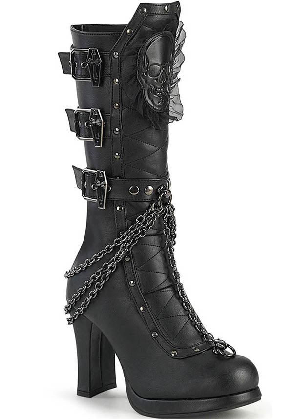CRYPTO-67 [Black] | BOOTS [PREORDER] - Beserk - all, all ladies, black, boots, boots [preorder], chain, clickfrenzy15-2023, demonia, demonia shoes, discountapp, fp, goth, gothic, heels, heels [preorder], labelpreorder, labelvegan, ladies, mid calf boots, ppo, preorder, shoes, skull, vegan