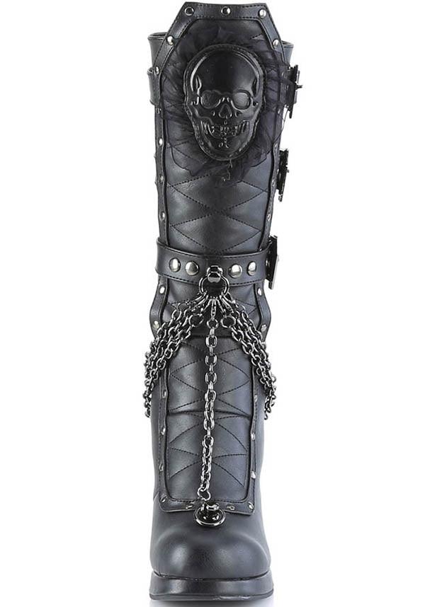 CRYPTO-67 [Black] | BOOTS [PREORDER] - Beserk - all, all ladies, black, boots, boots [preorder], chain, clickfrenzy15-2023, demonia, demonia shoes, discountapp, fp, goth, gothic, heels, heels [preorder], labelpreorder, labelvegan, ladies, mid calf boots, ppo, preorder, shoes, skull, vegan