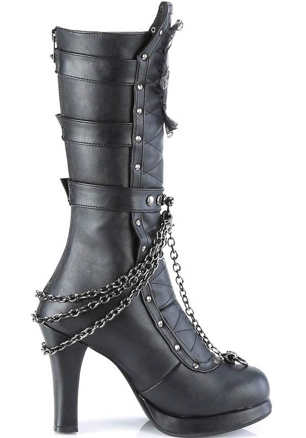 CRYPTO-67 [Black] | BOOTS [PREORDER] - Beserk - all, all ladies, black, boots, boots [preorder], chain, clickfrenzy15-2023, demonia, demonia shoes, discountapp, fp, goth, gothic, heels, heels [preorder], labelpreorder, labelvegan, ladies, mid calf boots, ppo, preorder, shoes, skull, vegan