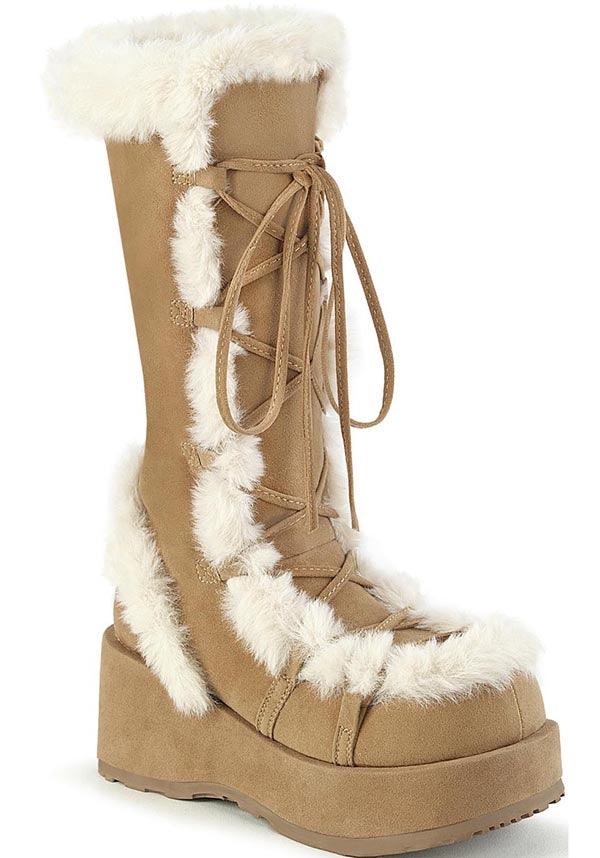 CUBBY-311 [Camel Vegan Suede] | PLATFORM BOOTS [PREORDER] - Beserk - all, boots, boots [preorder], brown, clickfrenzy15-2023, costume, demonia, demonia shoes, discountapp, fluffy, fp, fur, furry, googleshopping, halloween costume, labelpreorder, labelvegan, light brown, long boots, mid calf boots, platform, platform boots, platforms, platforms [preorder], ppo, preorder, shoes, vegan, winter, winter clothing, winter wear
