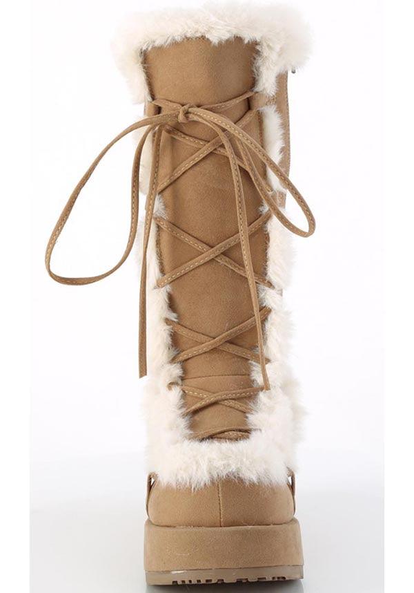 CUBBY-311 [Camel Vegan Suede] | PLATFORM BOOTS [PREORDER] - Beserk - all, boots, boots [preorder], brown, clickfrenzy15-2023, costume, demonia, demonia shoes, discountapp, fluffy, fp, fur, furry, googleshopping, halloween costume, labelpreorder, labelvegan, light brown, long boots, mid calf boots, platform, platform boots, platforms, platforms [preorder], ppo, preorder, shoes, vegan, winter, winter clothing, winter wear