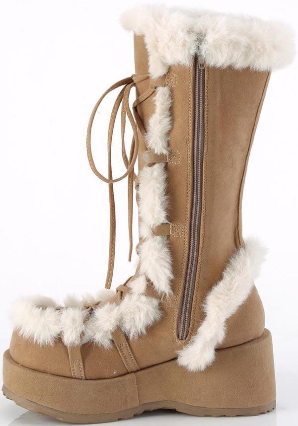 CUBBY-311 [Camel Vegan Suede] | PLATFORM BOOTS [PREORDER] - Beserk - all, boots, boots [preorder], brown, clickfrenzy15-2023, costume, demonia, demonia shoes, discountapp, fluffy, fp, fur, furry, googleshopping, halloween costume, labelpreorder, labelvegan, light brown, long boots, mid calf boots, platform, platform boots, platforms, platforms [preorder], ppo, preorder, shoes, vegan, winter, winter clothing, winter wear