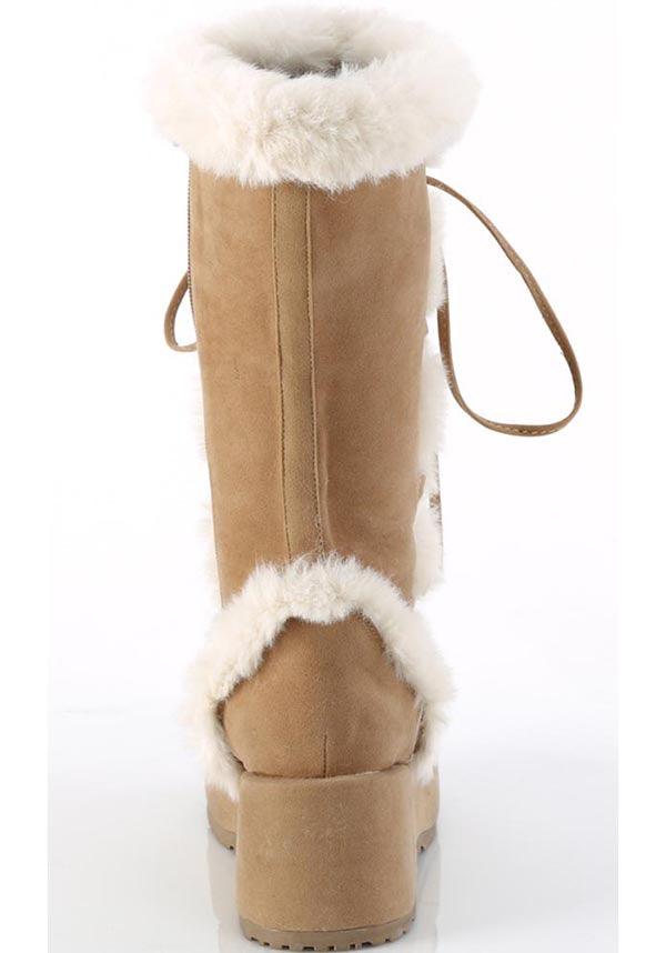 CUBBY-311 [Camel Vegan Suede] | PLATFORM BOOTS [PREORDER] - Beserk - all, boots, boots [preorder], brown, clickfrenzy15-2023, costume, demonia, demonia shoes, discountapp, fluffy, fp, fur, furry, googleshopping, halloween costume, labelpreorder, labelvegan, light brown, long boots, mid calf boots, platform, platform boots, platforms, platforms [preorder], ppo, preorder, shoes, vegan, winter, winter clothing, winter wear
