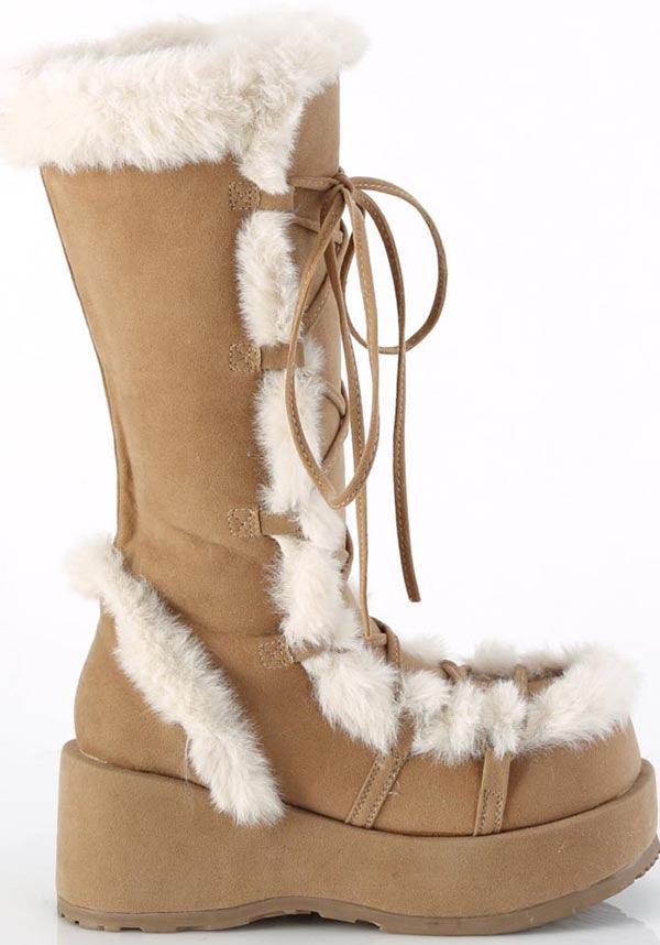 CUBBY-311 [Camel Vegan Suede] | PLATFORM BOOTS [PREORDER] - Beserk - all, boots, boots [preorder], brown, clickfrenzy15-2023, costume, demonia, demonia shoes, discountapp, fluffy, fp, fur, furry, googleshopping, halloween costume, labelpreorder, labelvegan, light brown, long boots, mid calf boots, platform, platform boots, platforms, platforms [preorder], ppo, preorder, shoes, vegan, winter, winter clothing, winter wear