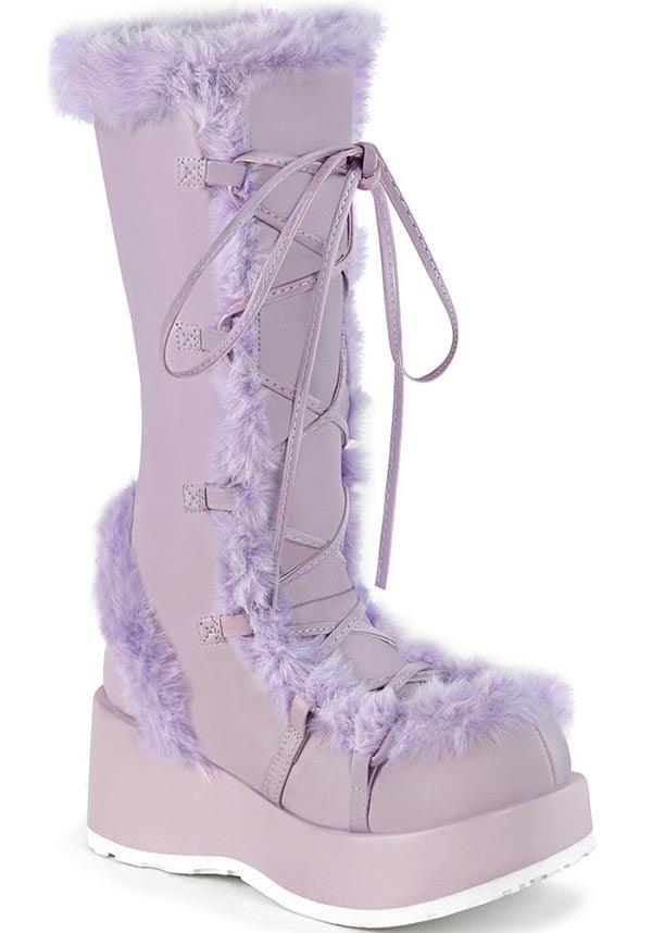 CUBBY-311 [Lavender Vegan Leather] | PLATFORM BOOTS [PREORDER] - Beserk - all, boots, boots [preorder], clickfrenzy15-2023, colour:purple, demonia, demonia shoes, discountapp, fluffy, fp, fur, furry, googleshopping, labelpreorder, labelvegan, light purple, long boots, mid calf boots, pastel purple, platform boots, platforms, platforms [preorder], ppo, preorder, purple, shoes, vegan, winter, winter clothing, winter wear