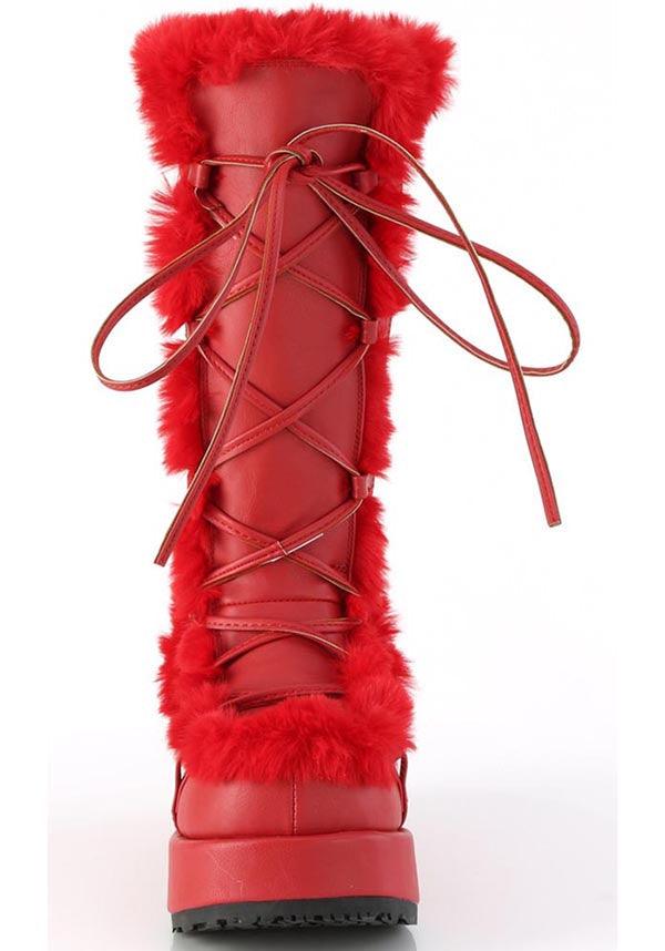 CUBBY-311 [Red Vegan Leather] | PLATFORM BOOTS [PREORDER] - Beserk - all, boots, boots [preorder], clickfrenzy15-2023, colour:red, demonia, demonia shoes, discountapp, fluffy, fp, fur, furry, googleshopping, labelpreorder, labelvegan, long boots, mid calf boots, platform, platform boots, platforms, platforms [preorder], ppo, preorder, red, shoes, vegan, winter, winter clothing, winter wear