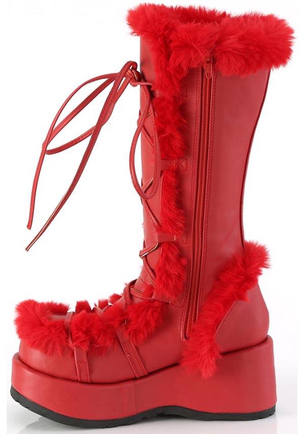 CUBBY-311 [Red Vegan Leather] | PLATFORM BOOTS [PREORDER] - Beserk - all, boots, boots [preorder], clickfrenzy15-2023, colour:red, demonia, demonia shoes, discountapp, fluffy, fp, fur, furry, googleshopping, labelpreorder, labelvegan, long boots, mid calf boots, platform, platform boots, platforms, platforms [preorder], ppo, preorder, red, shoes, vegan, winter, winter clothing, winter wear