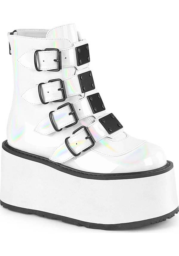DAMNED-105 [White Holo Patent] | PLATFORM BOOTS [PREORDER] - Beserk - all, ankle boots, black and white, boots, boots [preorder], clickfrenzy15-2023, demonia, demonia shoes, discountapp, fp, labelpreorder, labelvegan, platform boots, platforms, platforms [preorder], ppo, preorder, shoes, vegan, white