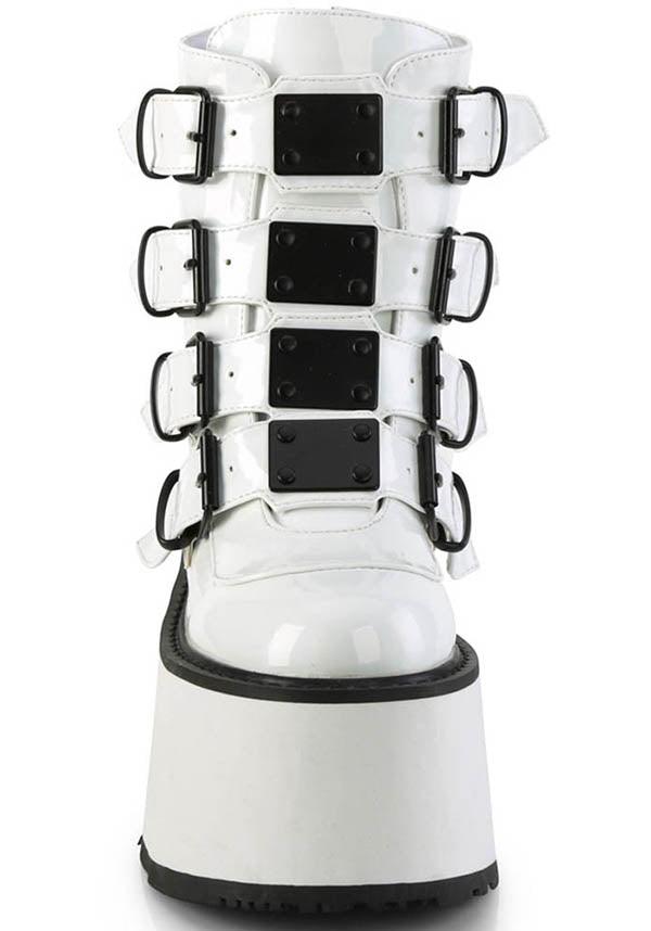 DAMNED-105 [White Holo Patent] | PLATFORM BOOTS [PREORDER] - Beserk - all, ankle boots, black and white, boots, boots [preorder], clickfrenzy15-2023, demonia, demonia shoes, discountapp, fp, labelpreorder, labelvegan, platform boots, platforms, platforms [preorder], ppo, preorder, shoes, vegan, white