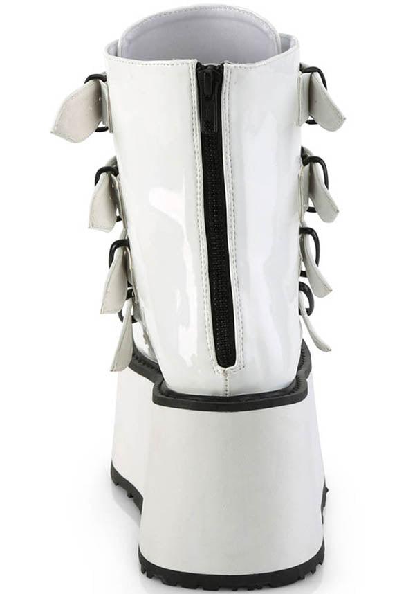DAMNED-105 [White Holo Patent] | PLATFORM BOOTS [PREORDER] - Beserk - all, ankle boots, black and white, boots, boots [preorder], clickfrenzy15-2023, demonia, demonia shoes, discountapp, fp, labelpreorder, labelvegan, platform boots, platforms, platforms [preorder], ppo, preorder, shoes, vegan, white