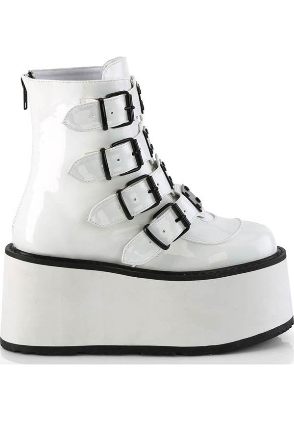DAMNED-105 [White Holo Patent] | PLATFORM BOOTS [PREORDER] - Beserk - all, ankle boots, black and white, boots, boots [preorder], clickfrenzy15-2023, demonia, demonia shoes, discountapp, fp, labelpreorder, labelvegan, platform boots, platforms, platforms [preorder], ppo, preorder, shoes, vegan, white