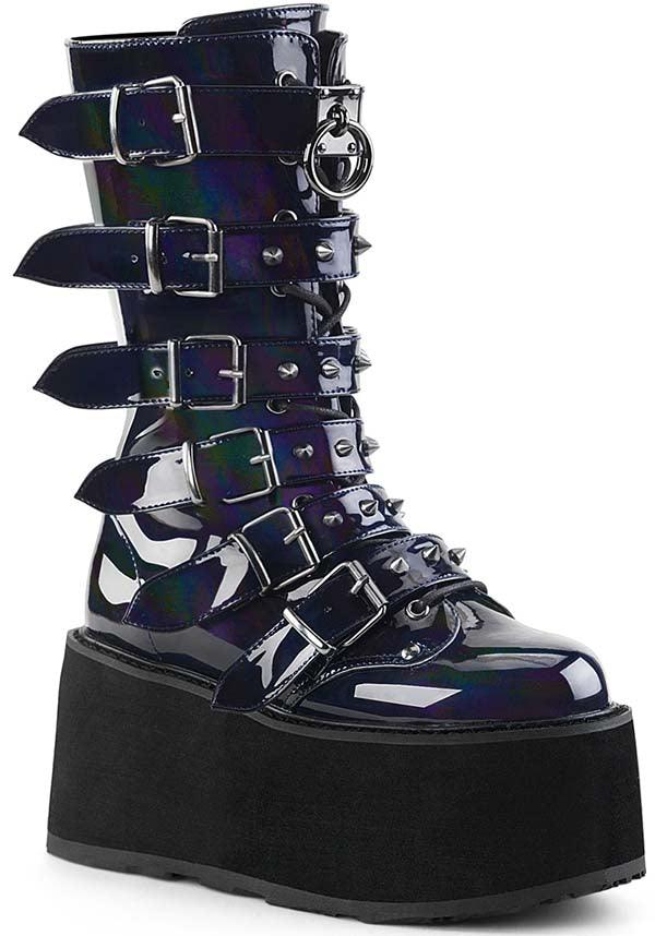 DAMNED-225 [Black Holo] | PLATFORM BOOTS [PREORDER] - Beserk - all, black, boots, boots [preorder], clickfrenzy15-2023, delete, demonia, demonia shoes, discountapp, fp, labelpreorder, labelvegan, platforms, platforms [preorder], post apocalyptic, ppo, preorder, shiny, shoes, techwear, vegan