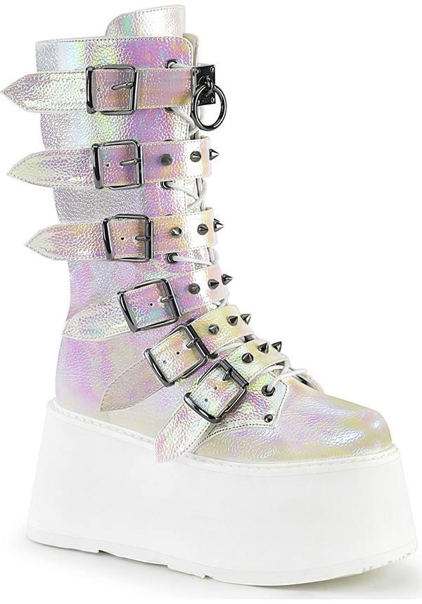 DAMNED-225 [Pearl Iridescent] | PLATFORM BOOTS [PREORDER] - Beserk - all, boots, boots [preorder], clickfrenzy15-2023, demonia, demonia shoes, discountapp, fp, iridescent, labelpreorder, labelvegan, mar19, mid calf boots, multicolour, pastel goth, platform, platform boots, platforms, platforms [preorder], pleaserimageupdated, post apocalyptic, ppo, preorder, shoes, vegan, white