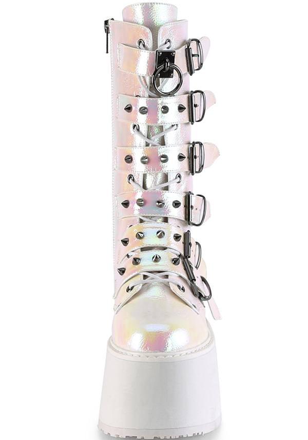 DAMNED-225 [Pearl Iridescent] | PLATFORM BOOTS [PREORDER] - Beserk - all, boots, boots [preorder], clickfrenzy15-2023, demonia, demonia shoes, discountapp, fp, iridescent, labelpreorder, labelvegan, mar19, mid calf boots, multicolour, pastel goth, platform, platform boots, platforms, platforms [preorder], pleaserimageupdated, post apocalyptic, ppo, preorder, shoes, vegan, white