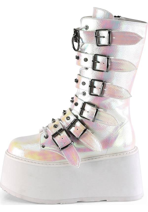 DAMNED-225 [Pearl Iridescent] | PLATFORM BOOTS [PREORDER] - Beserk - all, boots, boots [preorder], clickfrenzy15-2023, demonia, demonia shoes, discountapp, fp, iridescent, labelpreorder, labelvegan, mar19, mid calf boots, multicolour, pastel goth, platform, platform boots, platforms, platforms [preorder], pleaserimageupdated, post apocalyptic, ppo, preorder, shoes, vegan, white