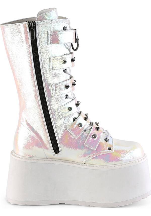 DAMNED-225 [Pearl Iridescent] | PLATFORM BOOTS [PREORDER] - Beserk - all, boots, boots [preorder], clickfrenzy15-2023, demonia, demonia shoes, discountapp, fp, iridescent, labelpreorder, labelvegan, mar19, mid calf boots, multicolour, pastel goth, platform, platform boots, platforms, platforms [preorder], pleaserimageupdated, post apocalyptic, ppo, preorder, shoes, vegan, white