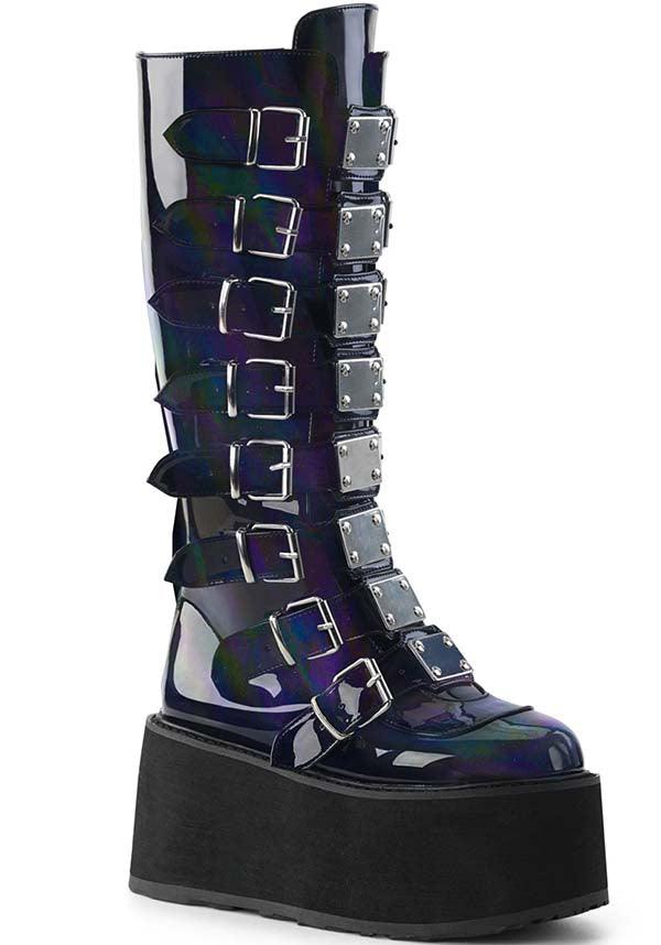 DAMNED-318 [Black Hologram] | PLATFORM BOOTS [PREORDER] - Beserk - all, all ladies, black, boots, boots [preorder], clickfrenzy15-2023, demonia, demonia shoes, discountapp, fp, goth, gothic, knee high boots, labelpreorder, labelvegan, ladies, long boots, platform, platform boots, platforms, platforms [preorder], post apocalyptic, ppo, preorder, shoes, techwear, vegan