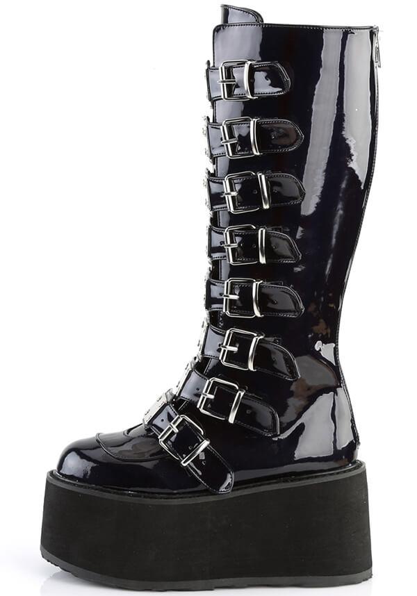 DAMNED-318 [Black Hologram] | PLATFORM BOOTS [PREORDER] - Beserk - all, all ladies, black, boots, boots [preorder], clickfrenzy15-2023, demonia, demonia shoes, discountapp, fp, goth, gothic, knee high boots, labelpreorder, labelvegan, ladies, long boots, platform, platform boots, platforms, platforms [preorder], post apocalyptic, ppo, preorder, shoes, techwear, vegan