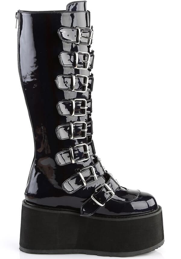 DAMNED-318 [Black Hologram] | PLATFORM BOOTS [PREORDER] - Beserk - all, all ladies, black, boots, boots [preorder], clickfrenzy15-2023, demonia, demonia shoes, discountapp, fp, goth, gothic, knee high boots, labelpreorder, labelvegan, ladies, long boots, platform, platform boots, platforms, platforms [preorder], post apocalyptic, ppo, preorder, shoes, techwear, vegan