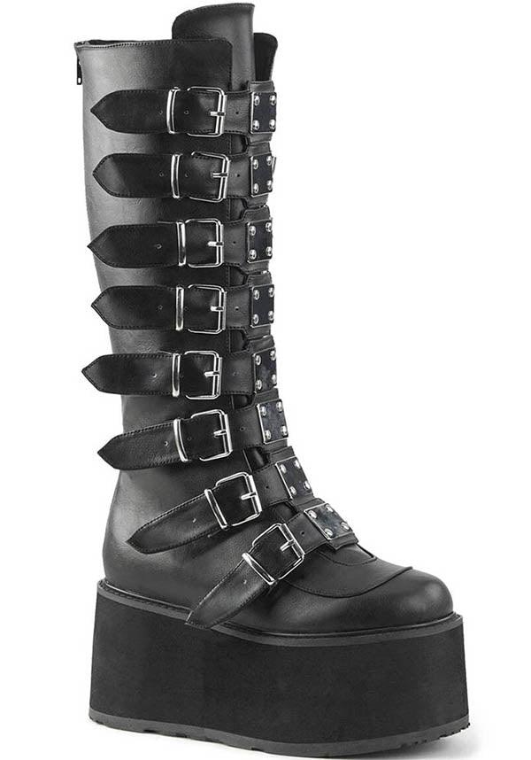 DAMNED-318 [Black] | PLATFORM BOOTS [PREORDER] - Beserk - all, all ladies, black, boot, boots, boots [preorder], buckle, buckles, clickfrenzy15-2023, demonia, demonia shoes, discountapp, fp, goth, gothic, knee high boots, labelpreorder, labelvegan, ladies, platform, platform boots, platforms, platforms [preorder], post apocalyptic, ppo, preorder, shoes, techwear, vegan