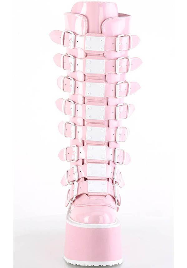 DAMNED-318 [Pink Holo Patent] | PLATFORM BOOTS [PREORDER] - Beserk - all, baby pink, boots, boots [preorder], clickfrenzy15-2023, colour:pink, demonia, demonia shoes, discountapp, fp, holo, holographic, knee high boots, labelpreorder, labelvegan, light pink, long boots, pastel pink, pink, platform boots, platforms, platforms [preorder], ppo, preorder, shoes, vegan