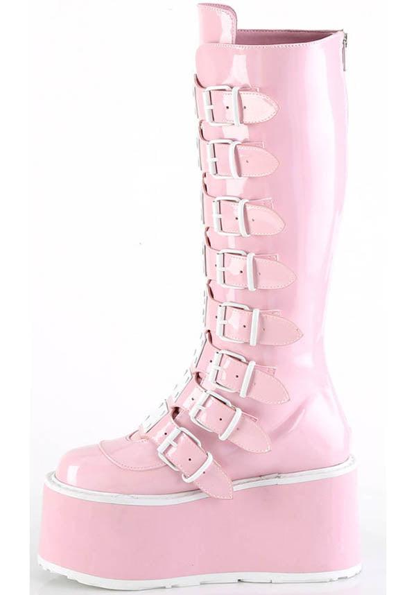DAMNED-318 [Pink Holo Patent] | PLATFORM BOOTS [PREORDER] - Beserk - all, baby pink, boots, boots [preorder], clickfrenzy15-2023, colour:pink, demonia, demonia shoes, discountapp, fp, holo, holographic, knee high boots, labelpreorder, labelvegan, light pink, long boots, pastel pink, pink, platform boots, platforms, platforms [preorder], ppo, preorder, shoes, vegan