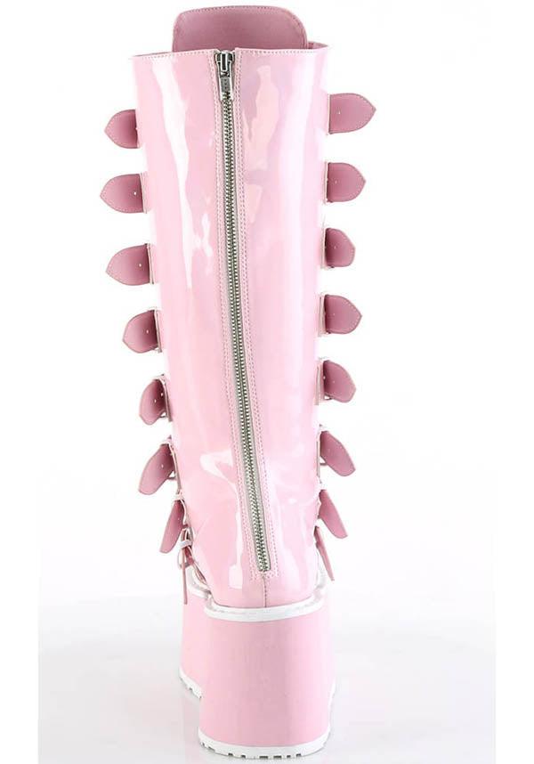 DAMNED-318 [Pink Holo Patent] | PLATFORM BOOTS [PREORDER] - Beserk - all, baby pink, boots, boots [preorder], clickfrenzy15-2023, colour:pink, demonia, demonia shoes, discountapp, fp, holo, holographic, knee high boots, labelpreorder, labelvegan, light pink, long boots, pastel pink, pink, platform boots, platforms, platforms [preorder], ppo, preorder, shoes, vegan