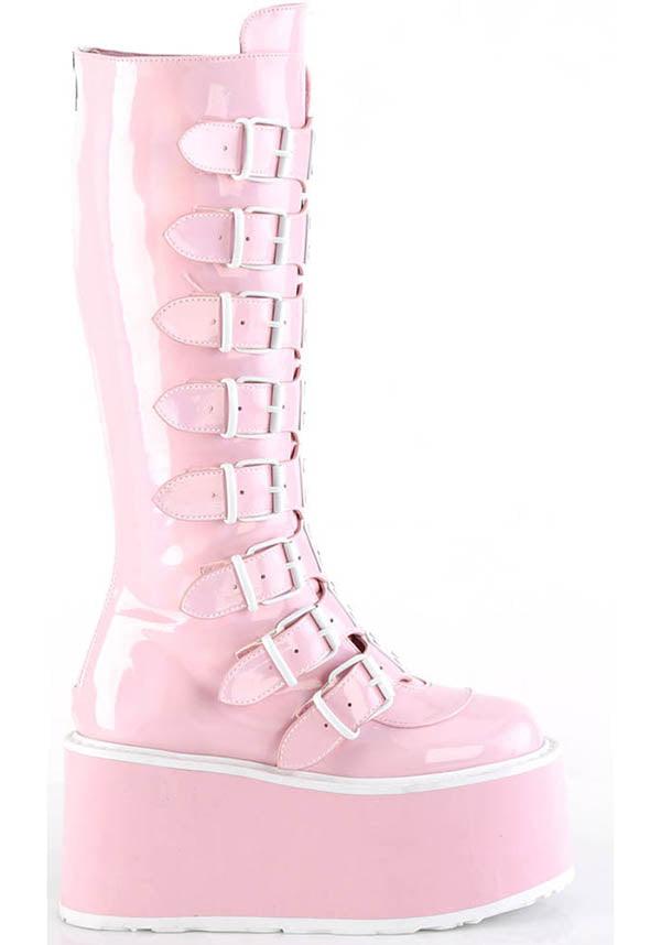 DAMNED-318 [Pink Holo Patent] | PLATFORM BOOTS [PREORDER] - Beserk - all, baby pink, boots, boots [preorder], clickfrenzy15-2023, colour:pink, demonia, demonia shoes, discountapp, fp, holo, holographic, knee high boots, labelpreorder, labelvegan, light pink, long boots, pastel pink, pink, platform boots, platforms, platforms [preorder], ppo, preorder, shoes, vegan