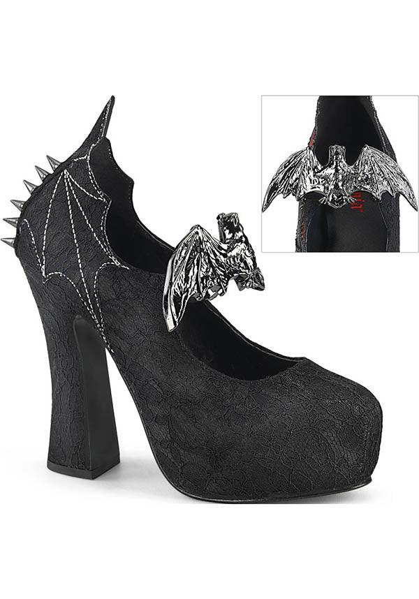 DEMON-18 [Black Satin] | HEELS [PREORDER] - Beserk - all, all ladies, bat, bats, black, clickfrenzy15-2023, demonia, demonia shoes, discountapp, fp, goth, gothic, heels, heels [preorder], labelpreorder, labelvegan, lace, lacey, ladies, platform heels, platforms, platforms [preorder], ppo, preorder, shoes, spike, spiked, spiked shoe, spikes, spikey, vampire, vegan