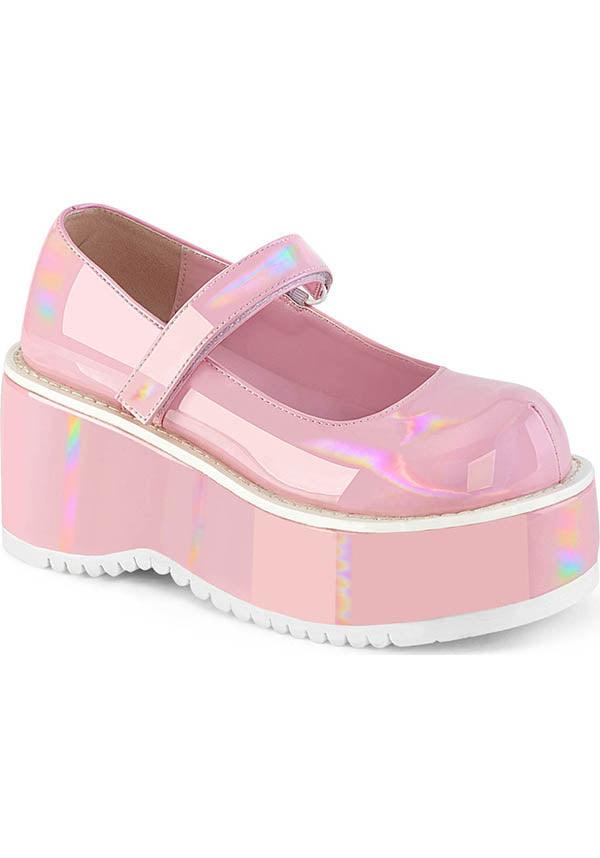 DOLLIE-01 [Pink Holo] | PLATFORMS [PREORDER] - Beserk - all, baby pink, clickfrenzy15-2023, colour:pink, demonia, demonia shoes, discountapp, fp, holographic, labelpreorder, labelvegan, light pink, pastel goth, pink, platforms, platforms [preorder], ppo, preorder, shoes, vegan
