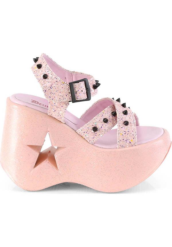 DYNAMITE-02 [Pink Glitter] | PLATFORMS [PREORDER] - Beserk - all, baby pink, clickfrenzy15-2023, colour:pink, demonia, demonia shoes, discountapp, fp, kawaii, labelpreorder, labelvegan, light pink, pastel, pastel goth, pastel pink, pink, platform, platforms, platforms [preorder], pleaserimageupdated, pool slides and slip ons, ppo, preorder, pricematched, sandals, shoe, shoes, star, vegan