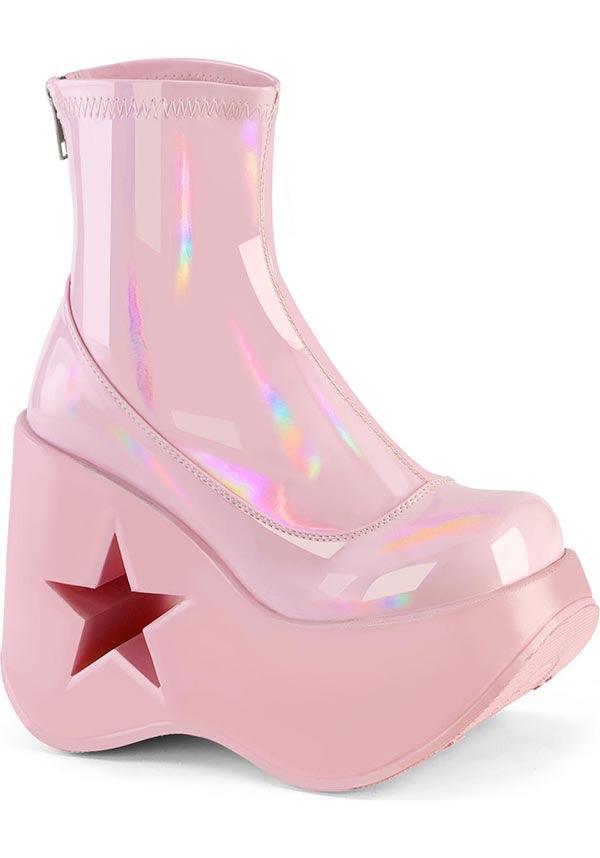 DYNAMITE-100 [Baby Pink Stretch Holo] | PLATFORMS [PREORDER] - Beserk - all, ankle boots, boots, boots [preorder], clickfrenzy15-2023, demonia, demonia shoes, discountapp, fp, googleshopping, holo, labelpreorder, labelvegan, pastel goth, pastel pink, pink, platform, platform boots, platforms, platforms [preorder], ppo, preorder, shoes, star, vegan