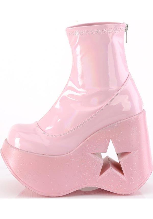 DYNAMITE-100 [Baby Pink Stretch Holo] | PLATFORMS [PREORDER] - Beserk - all, ankle boots, boots, boots [preorder], clickfrenzy15-2023, demonia, demonia shoes, discountapp, fp, googleshopping, holo, labelpreorder, labelvegan, pastel goth, pastel pink, pink, platform, platform boots, platforms, platforms [preorder], ppo, preorder, shoes, star, vegan