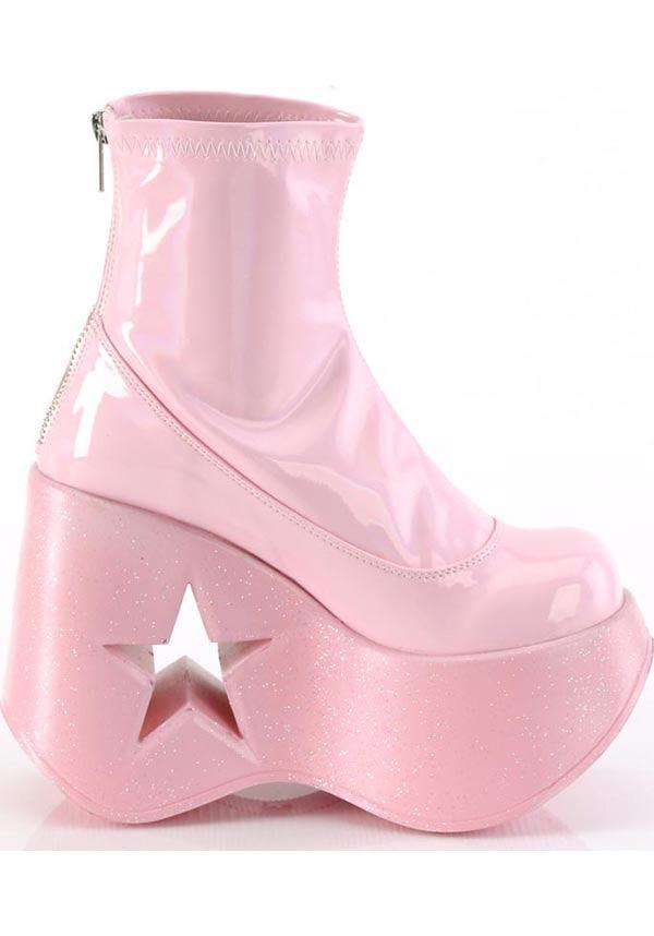 DYNAMITE-100 [Baby Pink Stretch Holo] | PLATFORMS [PREORDER] - Beserk - all, ankle boots, boots, boots [preorder], clickfrenzy15-2023, demonia, demonia shoes, discountapp, fp, googleshopping, holo, labelpreorder, labelvegan, pastel goth, pastel pink, pink, platform, platform boots, platforms, platforms [preorder], ppo, preorder, shoes, star, vegan