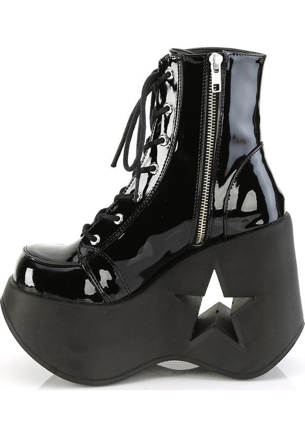 DYNAMITE-106 [Black Patent] | PLATFORM BOOTS [PREORDER] - Beserk - all, ankle boots, black, boots, boots [preorder], clickfrenzy15-2023, demonia, demonia shoes, discountapp, fp, googleshopping, labelpreorder, labelvegan, platform, platform boots, platforms, platforms [preorder], ppo, preorder, shoes, star, vegan