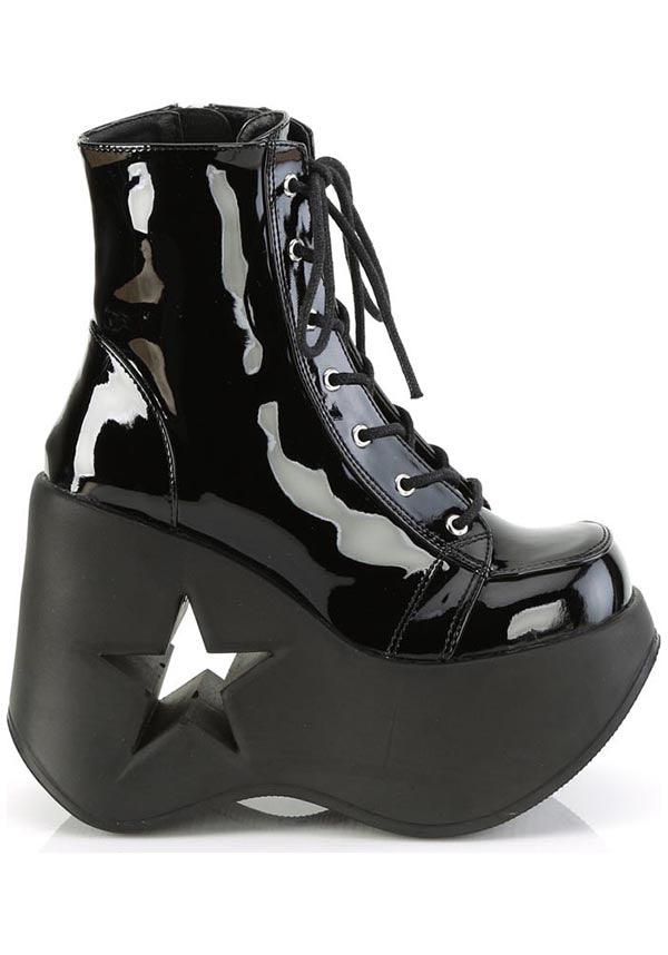 DYNAMITE-106 [Black Patent] | PLATFORM BOOTS [PREORDER] - Beserk - all, ankle boots, black, boots, boots [preorder], clickfrenzy15-2023, demonia, demonia shoes, discountapp, fp, googleshopping, labelpreorder, labelvegan, platform, platform boots, platforms, platforms [preorder], ppo, preorder, shoes, star, vegan