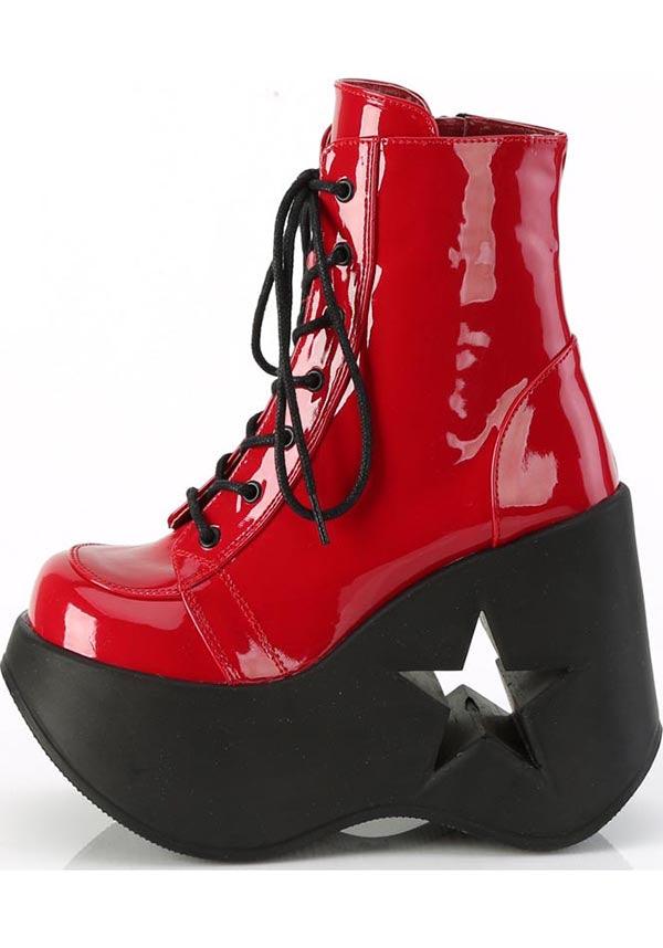 DYNAMITE-106 [Red Patent] | PLATFORM BOOTS [PREORDER] - Beserk - all, ankle boots, boots, boots [preorder], clickfrenzy15-2023, demonia, demonia shoes, discountapp, fp, googleshopping, labelpreorder, labelvegan, platform, platform boots, platforms, platforms [preorder], ppo, preorder, red, red and black, shoes, star, vegan