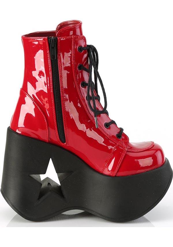DYNAMITE-106 [Red Patent] | PLATFORM BOOTS [PREORDER] - Beserk - all, ankle boots, boots, boots [preorder], clickfrenzy15-2023, demonia, demonia shoes, discountapp, fp, googleshopping, labelpreorder, labelvegan, platform, platform boots, platforms, platforms [preorder], ppo, preorder, red, red and black, shoes, star, vegan